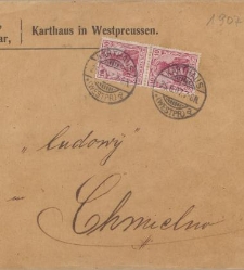 Koperta nadana w Kartuzach 25 czerwca 1907 r. z Kancelarii prawniczej i notarialnej Weidmanna i Dr. Grohmanna z Kartuz do adresata z Chmielna