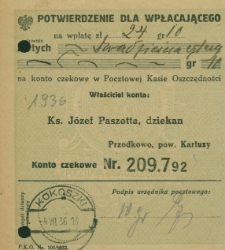 Potwierdzenie dla wpłacającego na konto czekowe w Pocztowej Kasie Oszczędności, ks. J&oacute;zef Paszotta, dziekana, z Przodkowa