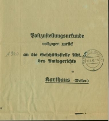 Pocztowy dokument doręczenia przesyłki z Sądu w Kartuzach do adresatki Marthy Lubotzki w Kartuzach