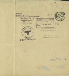 Przesyłka z dnia 29 kwietnia 1943 r. z Sądu w Kartuzach do Dyrekcji Okręgowaej Kolei w Gdańsku