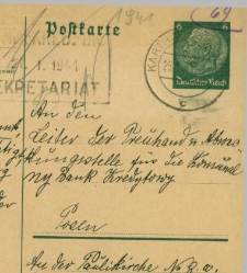 Kartka pocztowa nadana 25 stycznia 1941 r. przez Klarę Rosolowski z Kartuz do Banku Kredytowego w Poznaniu