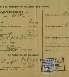 Wniosek o dokonanie wystawiony przez Sąd w Kartuzach w dniu 6 sierpnia 1940 r.