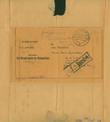 Pismo urzędowe nadane 20 sierpnia 1941 r. w Kartuzach do leśniczego Paula Kurkowskiego z Mirachowa.