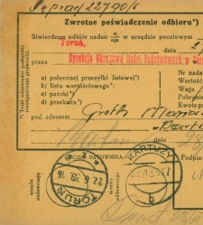 Potwierdzenie odbioru/wypłaty przesyłki nadanej 27 czerwca 1938 r. w urzędzie pocztowym w Toruniu