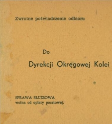 Zwrotne poświadczenie odbioru przesyłki nadanej przez Dyrekcję Okręgową Kolei Państwowych w Gdańsku