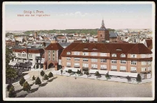 Panorama Stolpu: Nowa Brama i dom towarowy, dawny kości&oacute;ł św. Mikołaja, kości&oacute;ł Mariacki