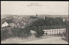 Panorama Stolpu: spichlerz na prawym brzegu, kości&oacute;ł św. Ottona, kości&oacute;ł zamkowy, Sch&uuml;tzenhaus