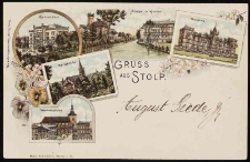 Stolp: gimnazjum, rzeka z dawnym kościołem św. Mikołaj i urzędem, koszary, kości&oacute;ł św. Piotra, kości&oacute;ł Mariacki