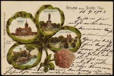 Stolp: ratusz, pomnik Bismarcka, dawny kości&oacute;ł św. Mikołaja i zamek z Bramą Młyńską [Gruss aus Stolp i/Pom.]