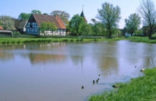 Widok na staw i dawną szkołę w Swołowie