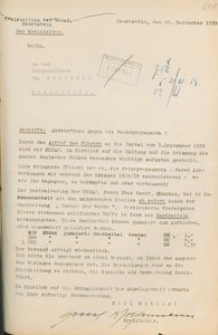 Pismo Kreisleitera NSDAP w Szczecinku do burmistrza Czaplinka z 20.09.1939 r.